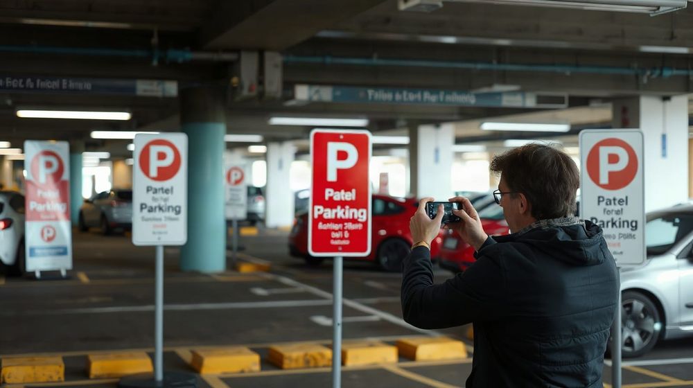 Man photographing parking signs as appeal evidence