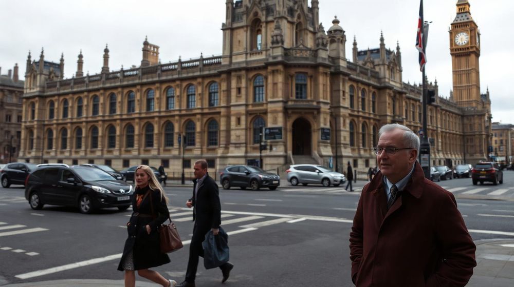 Exterior of the Houses of Parliament in London on an overcast day with people walking past