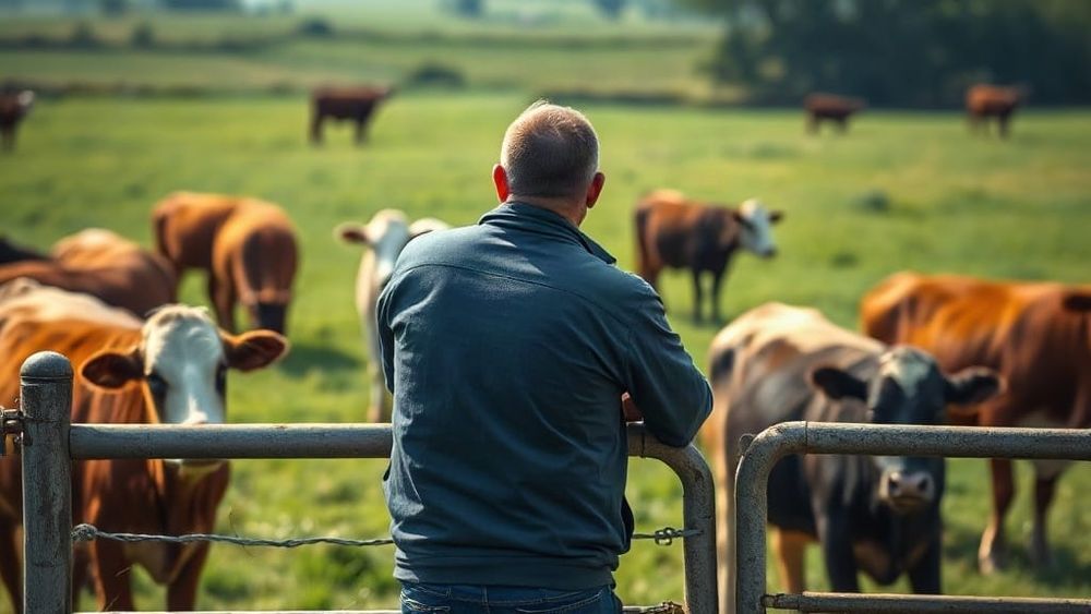 Livestock farmer watching beef cattle in a pasture