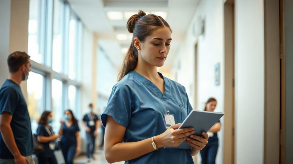 Student nurse in uniform reviewing notes in a hospital corridor