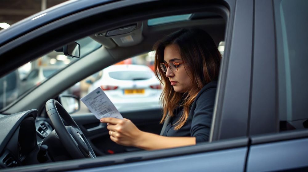 Driver reading a parking charge notice in a car park