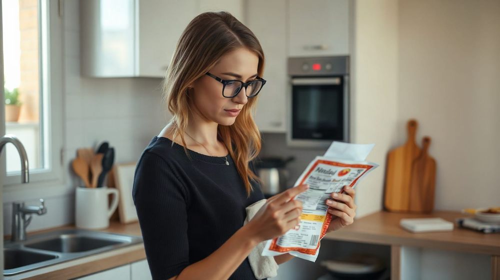 Woman reading a food label in a kitchen