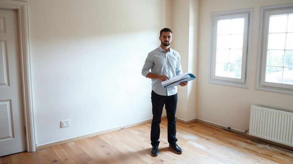 Investor standing in an empty property holding paperwork