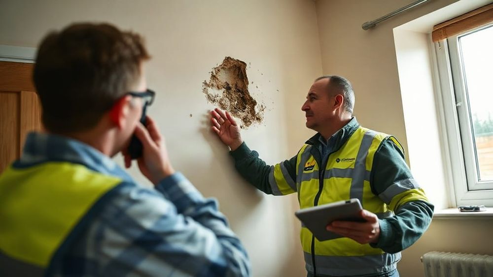 Maintenance operative inspecting damp in a flat