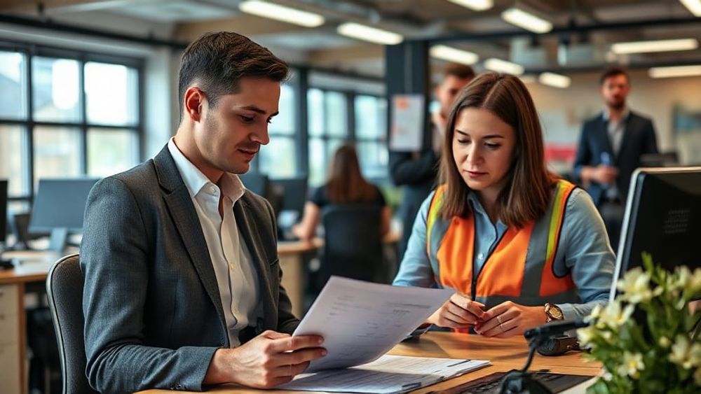 Recruitment consultant reviewing timesheets with a worker