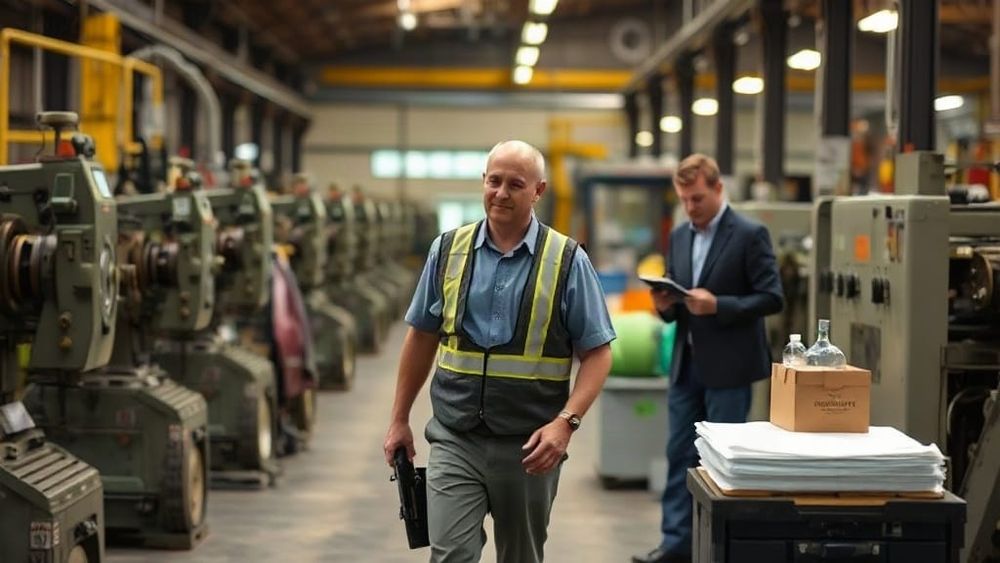 Factory manager and valuer inspecting industrial machinery