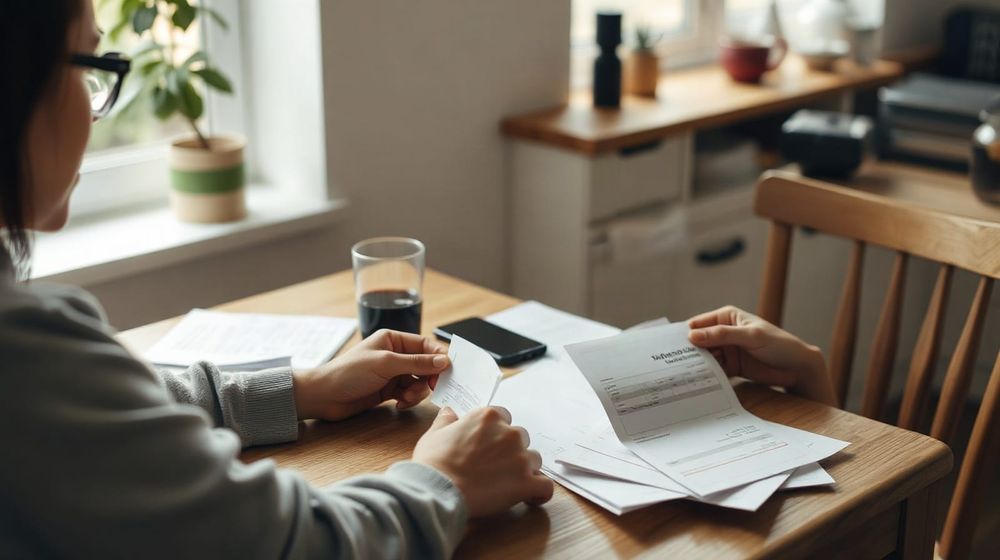 Person at a kitchen table with a laptop and paperwork completing a tax return