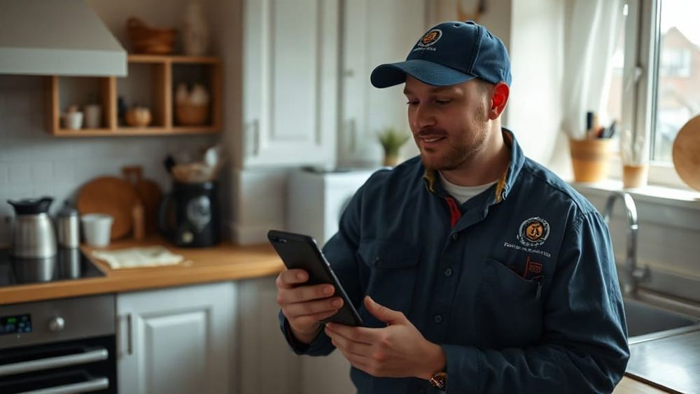 Plumber showing a quote on a phone in a kitchen