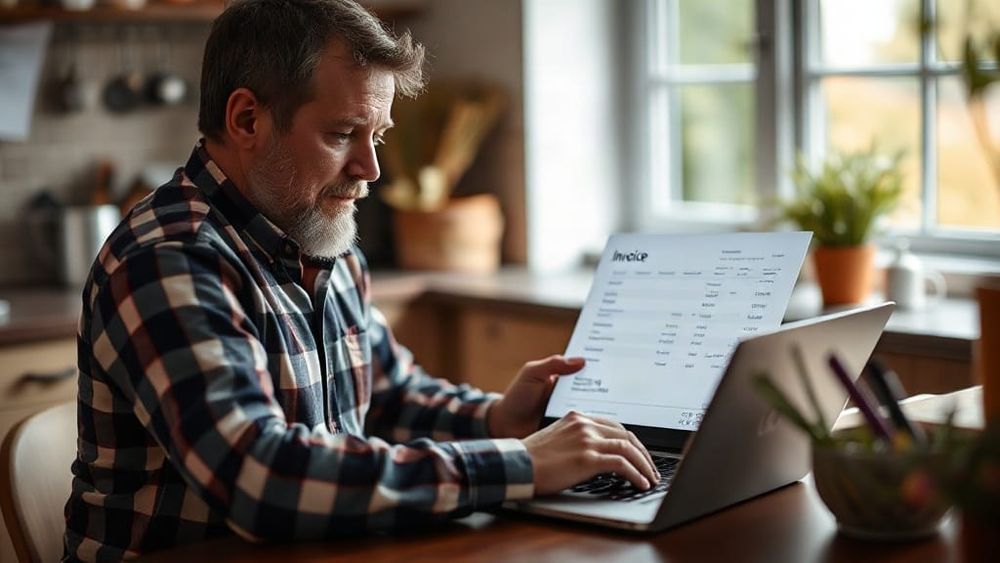 Business owner reviewing a single invoice on a laptop
