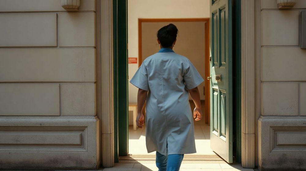 Care worker in uniform walking out of a building into daylight, seen from behind