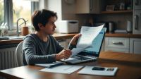 A person reviewing savings paperwork at a kitchen table