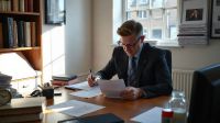 A company director signs paperwork at a desk in a small office