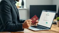 Company director verifying identity on a laptop with a passport on the desk