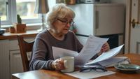 Older woman reviewing bank statements and benefit paperwork at home