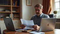 Man at a desk reading a financial complaint letter beside a laptop