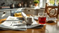 A newspaper and a cup of tea on a kitchen table