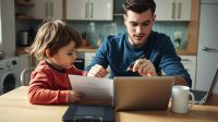 Father completing an online form at a kitchen table with his toddler