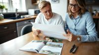 Couple reviewing wedding paperwork at a kitchen table