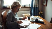 Woman sorting paperwork at a dining table