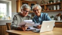 Couple in their fifties reviewing pension paperwork at a kitchen table