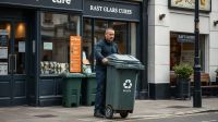 Business owner moving a commercial waste bin