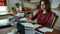 Sole trader working through receipts at a laptop