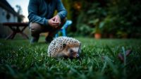Hedgehog on a garden lawn at dusk with a person watching from nearby