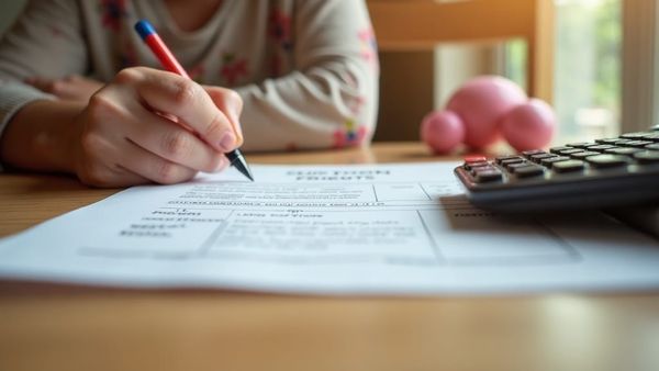 Hands completing a benefit form at a kitchen table with a calculator nearby