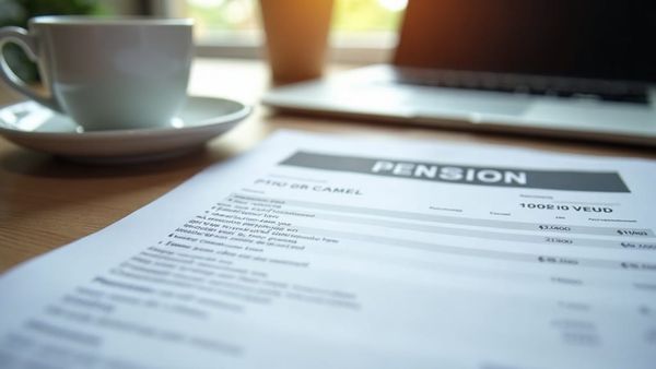 Workplace pension statement and payslip beside a laptop on an office desk