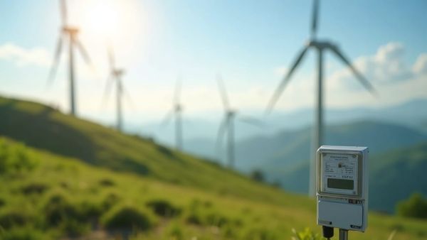 Wind turbines on a hillside with an energy bill in the soft-focus foreground