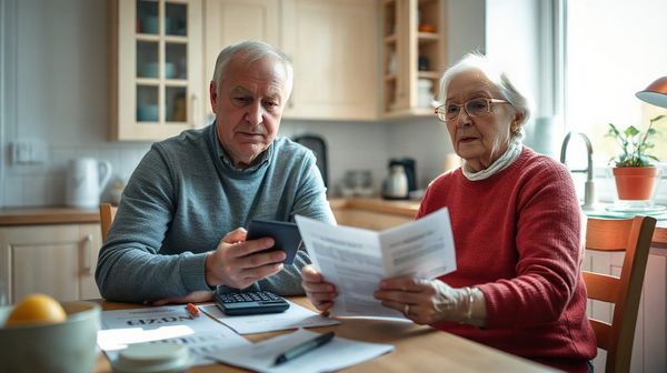 Couple comparing paper energy bills at a kitchen table, discussing British Gas and Octopus Energy summer costs.