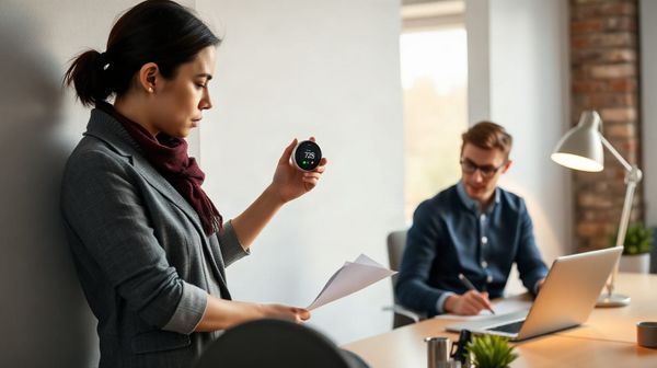 Office manager adjusts smart thermostat as colleague works under LED lights, illustrating UK business energy efficiency measu