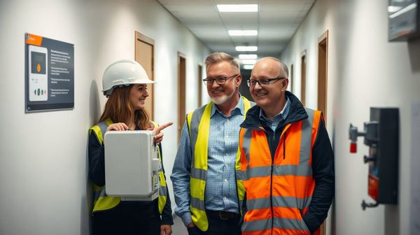 Consultant and business owner examine a smart electricity meter in an office, illustrating a guide to UK business energy mete