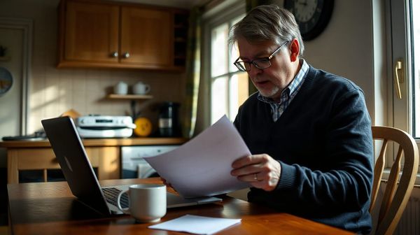 Man reviewing energy bills at home kitchen table, illustrating article on Ofgem-licensed business energy suppliers in the UK.