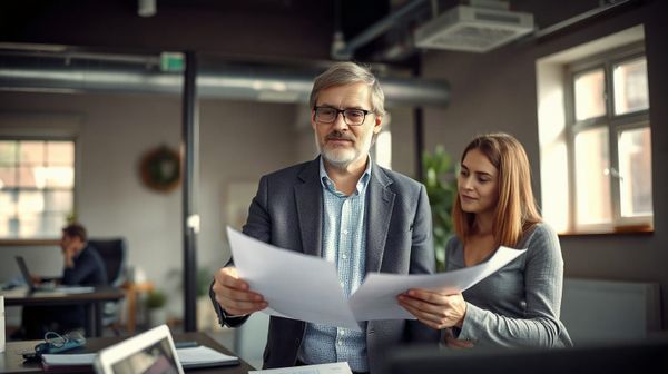 Two professionals discuss energy bills in a bright office, illustrating UK business energy tariff comparison for 2026.