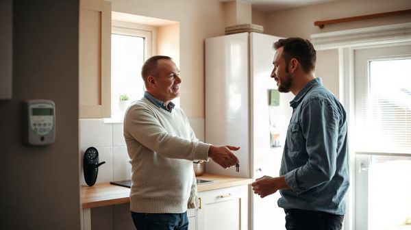 Landlord and tenant shaking hands by an energy meter in a kitchen, illustrating a change of tenancy process for business ener