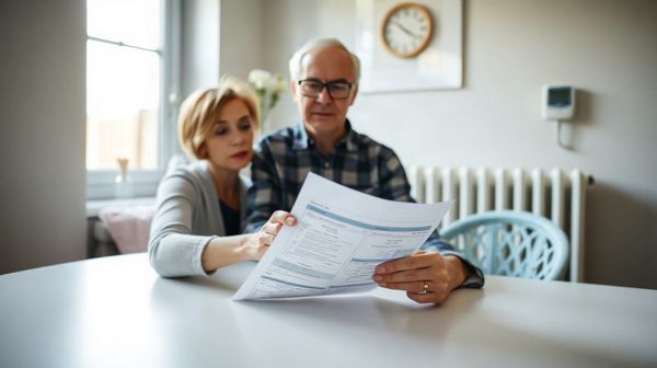 Couple examining energy bill at kitchen table, radiator behind, article about finding cheapest UK energy tariff in 2026.