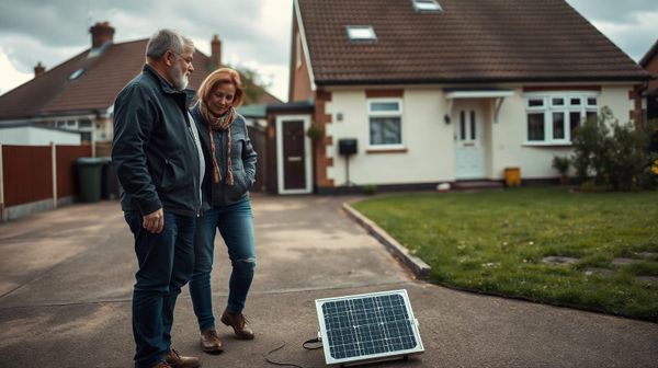 Couple inspecting a plug-in solar panel beside their UK home, highlighting practical considerations of solar energy benefits.