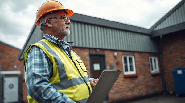 Landlord and tenant review energy contract outside a UK commercial unit, illustrating the guide to 100,000 kWh business rates