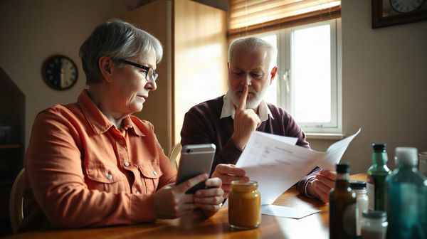 Couple at kitchen table with bills and smartphone, discussing EDF Energy complaints and ombudsman process.