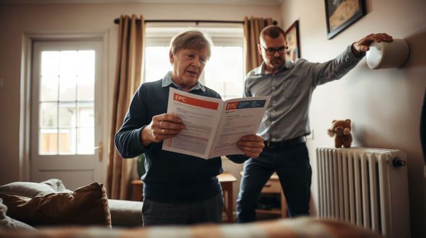 Homeowner and assessor review an Energy Performance Certificate in a bright UK living room, focusing on radiator efficiency.