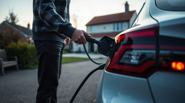 Hand connecting an EV charger cable to a car at dusk, illustrating comparison of overnight electricity tariffs for home charg