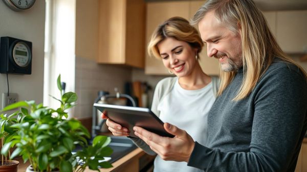 Couple in UK kitchen checking energy bill on tablet, smart meter visible, discussing green energy tariffs for 2026.