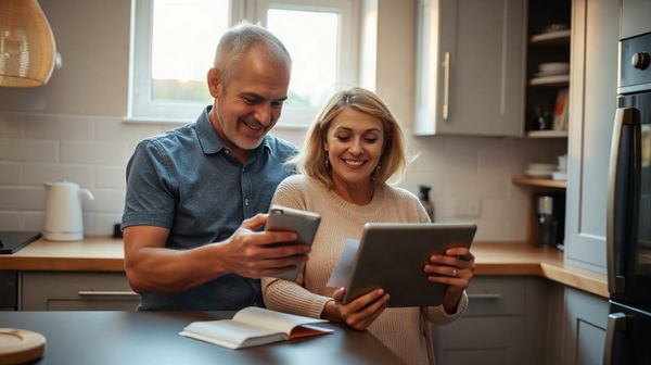 Couple comparing energy bills on a tablet in a kitchen, illustrating how to switch energy suppliers in the UK.