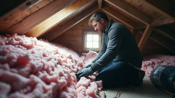 Homeowner installing pink loft insulation in a UK attic, illustrating the article on loft insulation costs and savings.