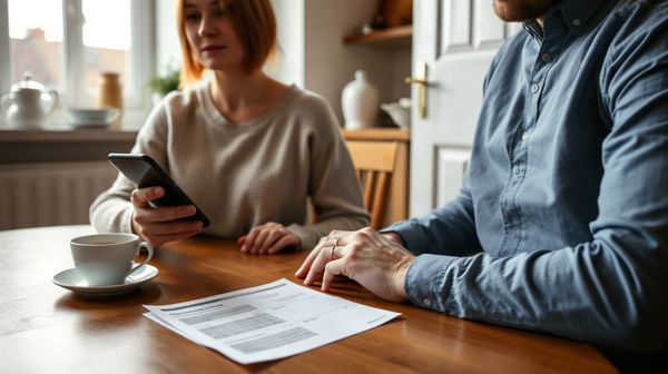 Person using a mobile banking app at a kitchen table in a UK home