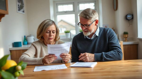 Couple reviewing energy bill at kitchen table with smart meter display in background, illustrating smart meter benefits and t