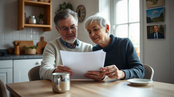 Couple reviewing energy bills at kitchen table with tea, illustrating Ovo Energy tariff review for UK households.