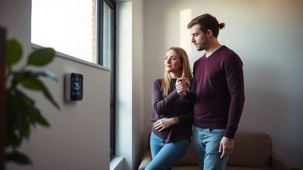 Couple adjusting smart thermostat in insulated living room, illustrating energy setup for first home guide.