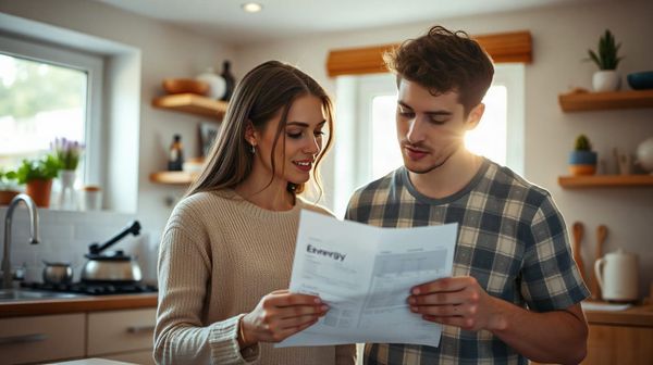 Couple in UK kitchen reading an energy bill together, illustrating tenant energy rights and the 8-week rule explained in the 